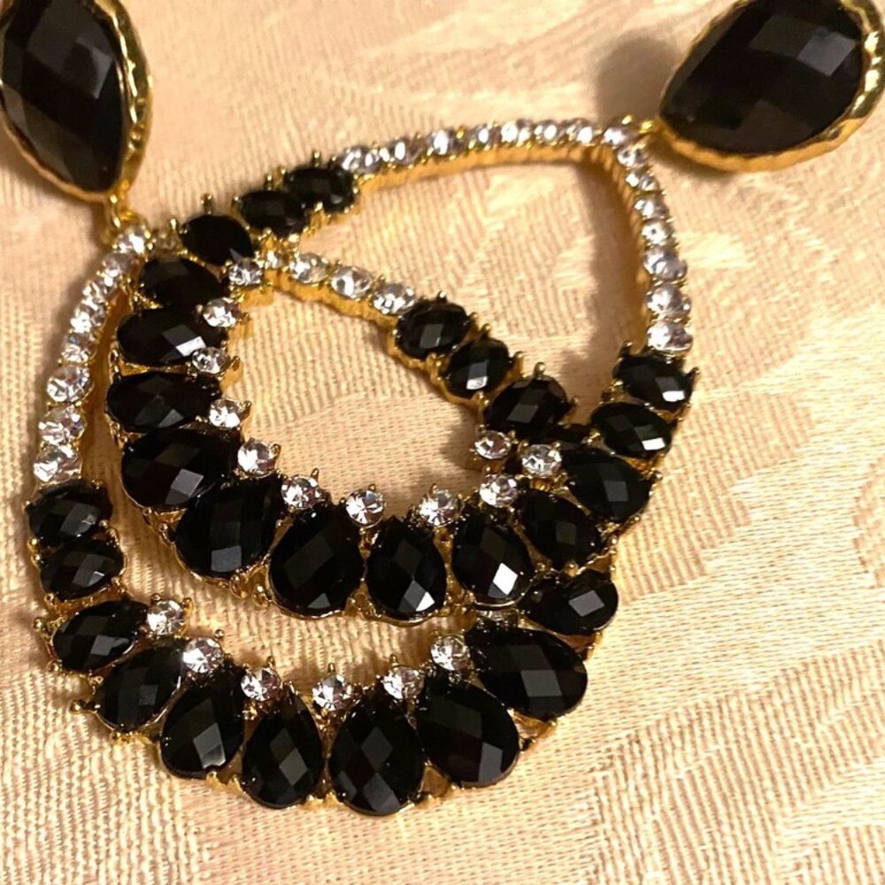 Glittering 2 1/2" Black & Clear Rhinestone Pierced Hoop Earrings